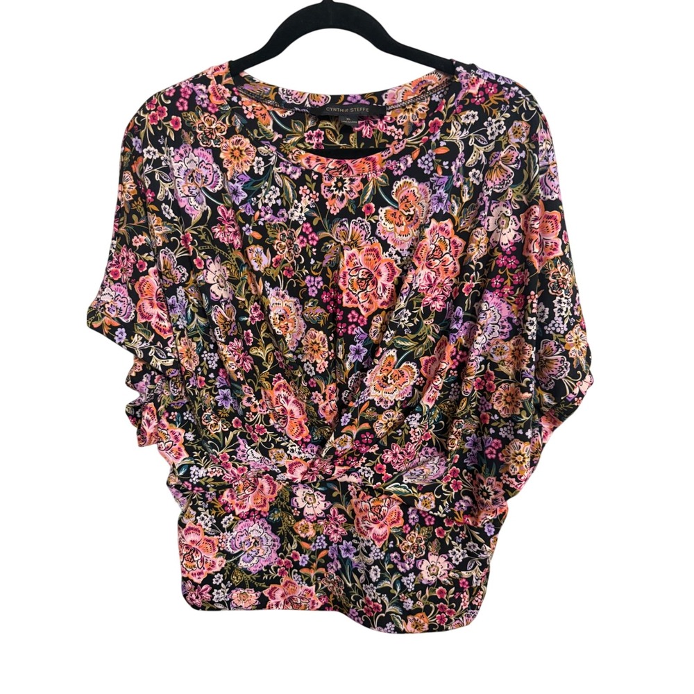 Cynthia Steffe‎ Womens Floral Twist Front Dolman Sleeve Blouse Black Pink XL